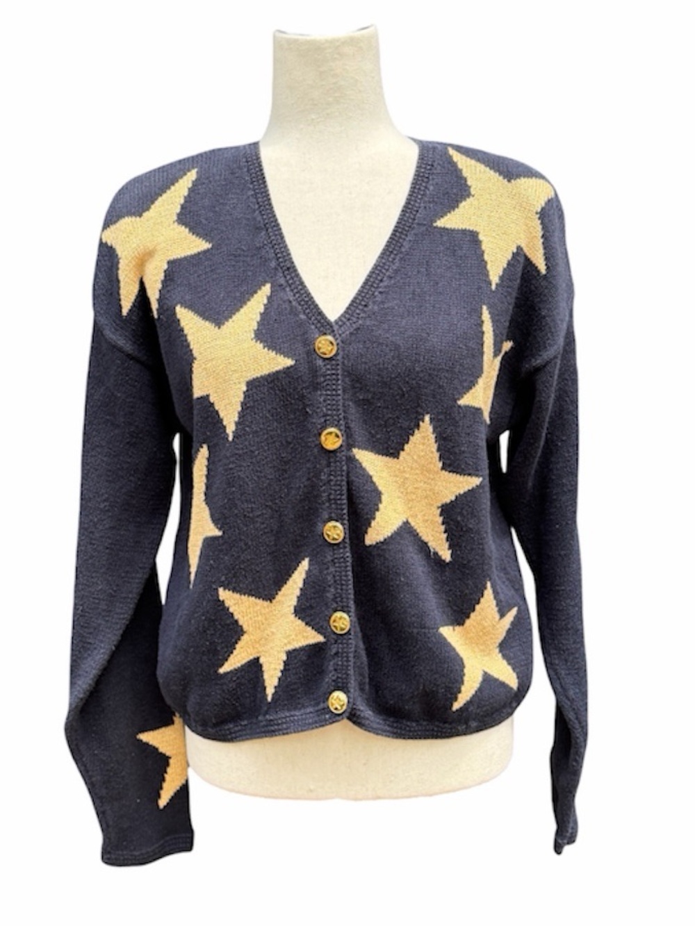 Christopher & Banks Women Metallic Star gold Navy Blue Button Cardigan Sweater M